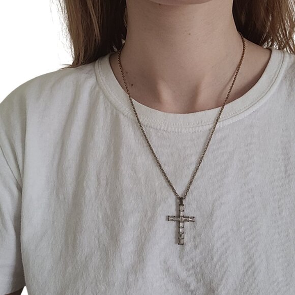 Vintage Cross Pendant Necklace bronze/gold with crystal/quartz gems - Picture 2 of 7